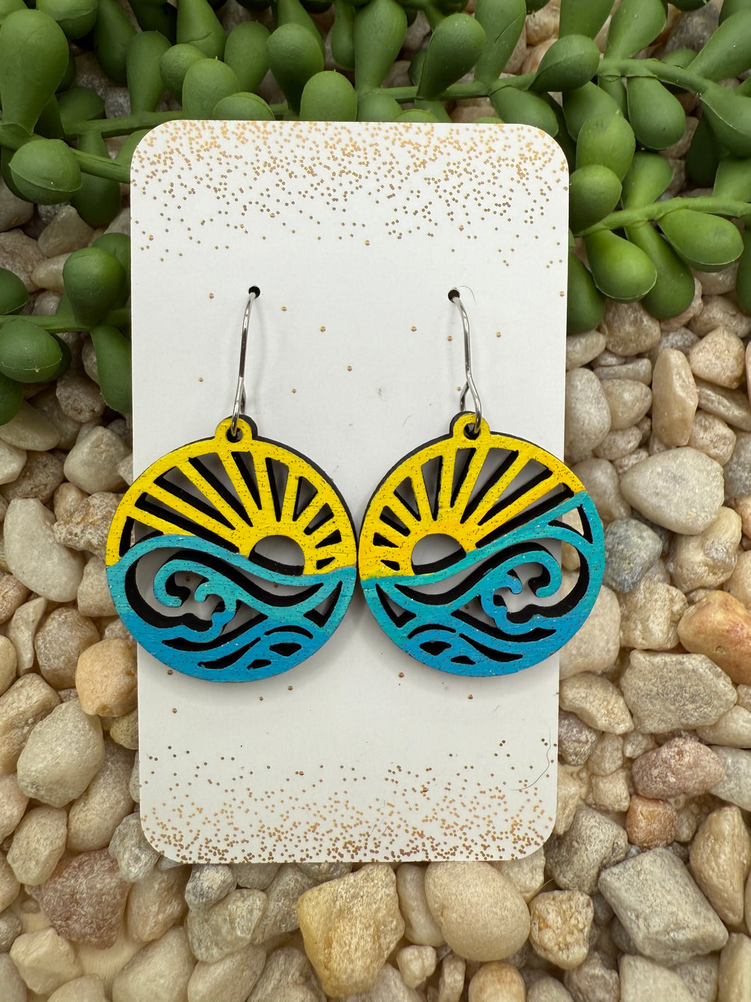 Wood Sun and Wave Earring
