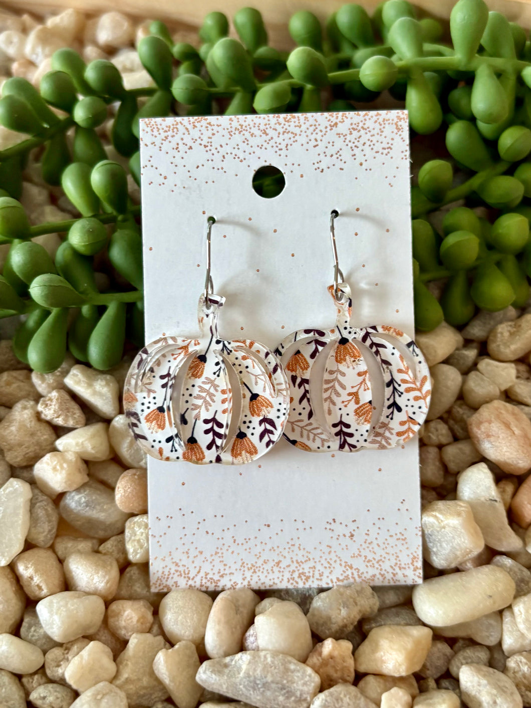 Pumpkin White/Brown Flowers Acrylic Dangles