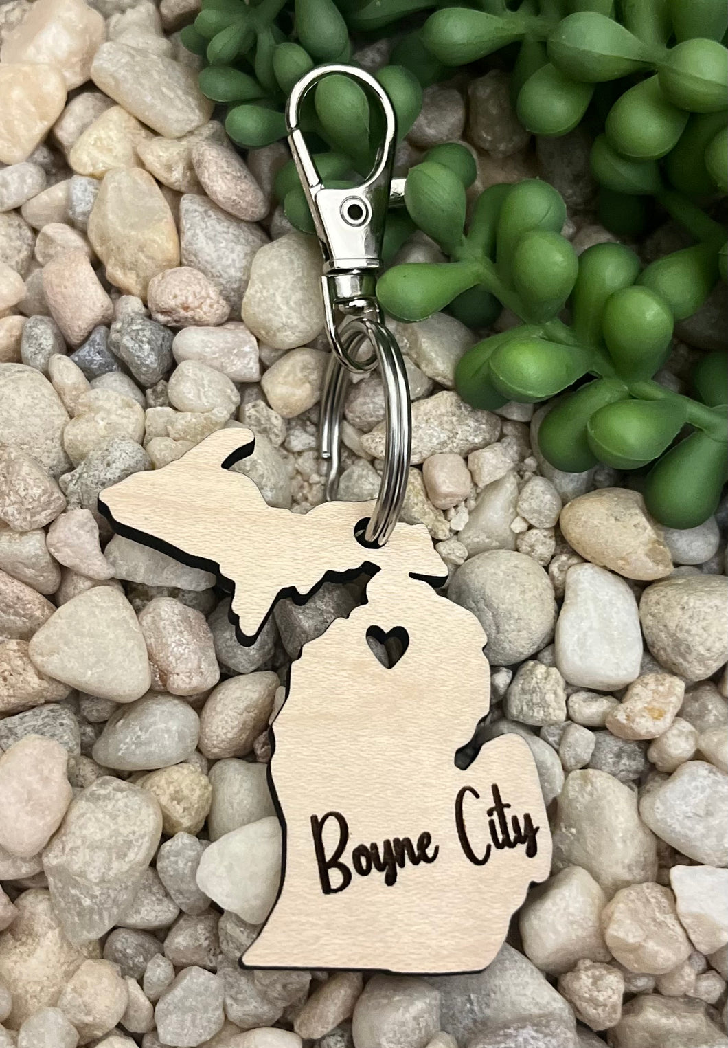 Michigan Upper/Lower Wood Keychain with Boyne City