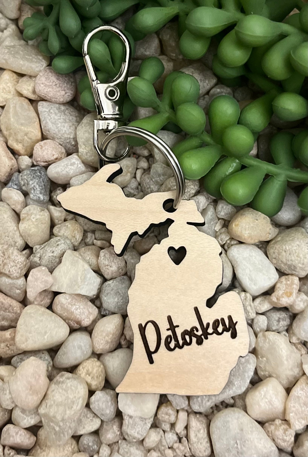 Michigan Upper/Lower Wood Keychain with Petoskey