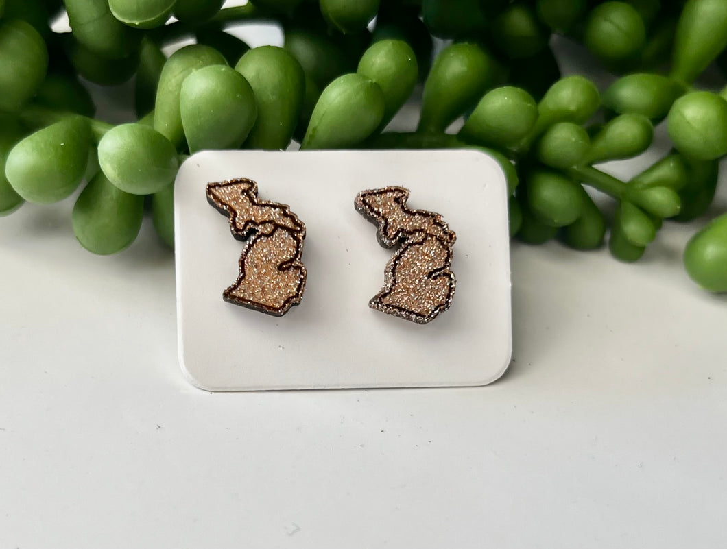 Wood Stud Michigan Upper and Lower Peninsula Shimmer Rose Gold