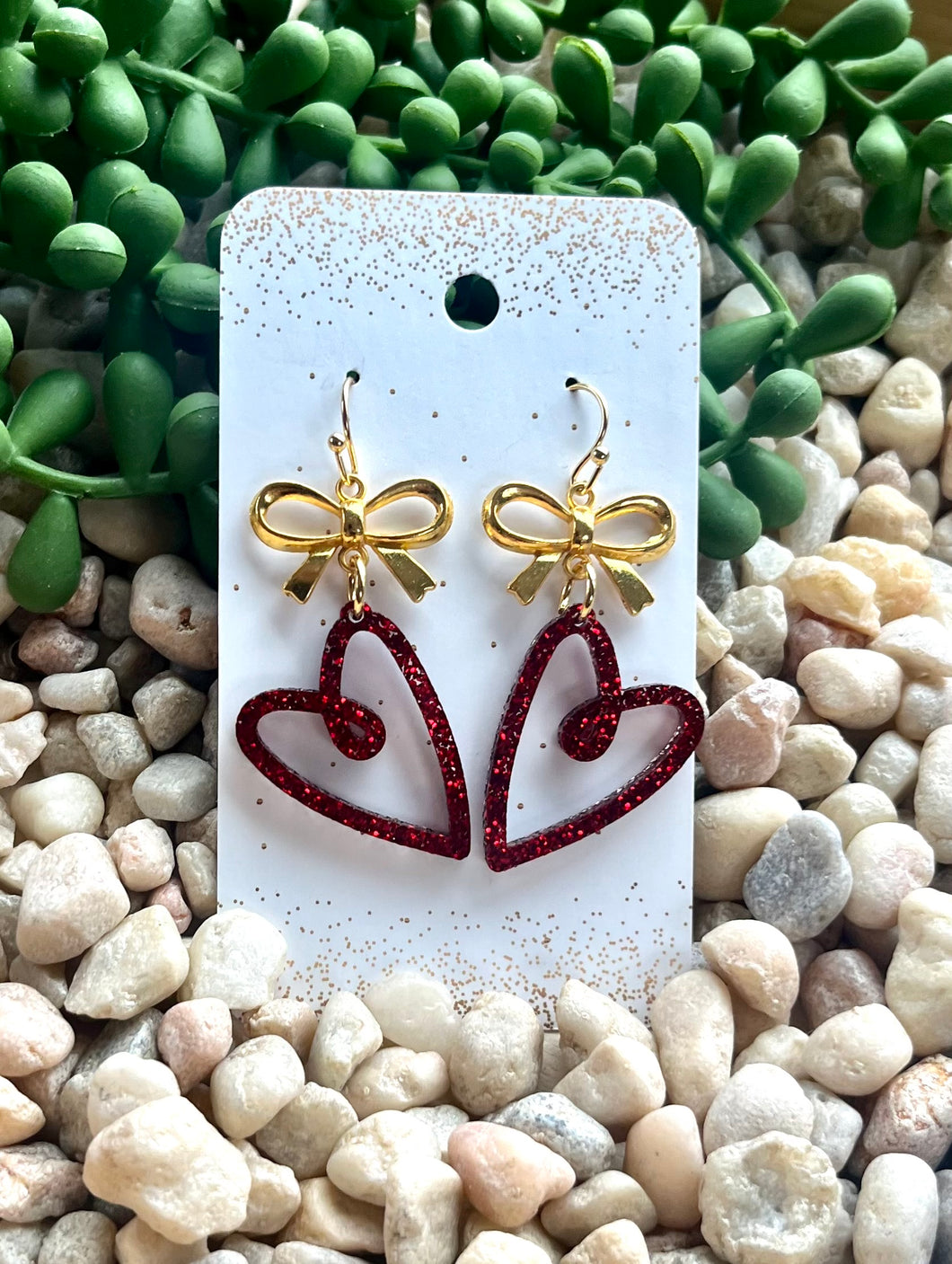 Gold Bow with Red Heart Dangle