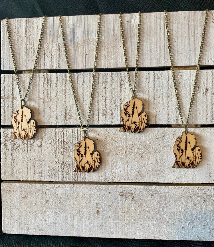 Wood Dangle 1 inch Engraved Michigan Necklace