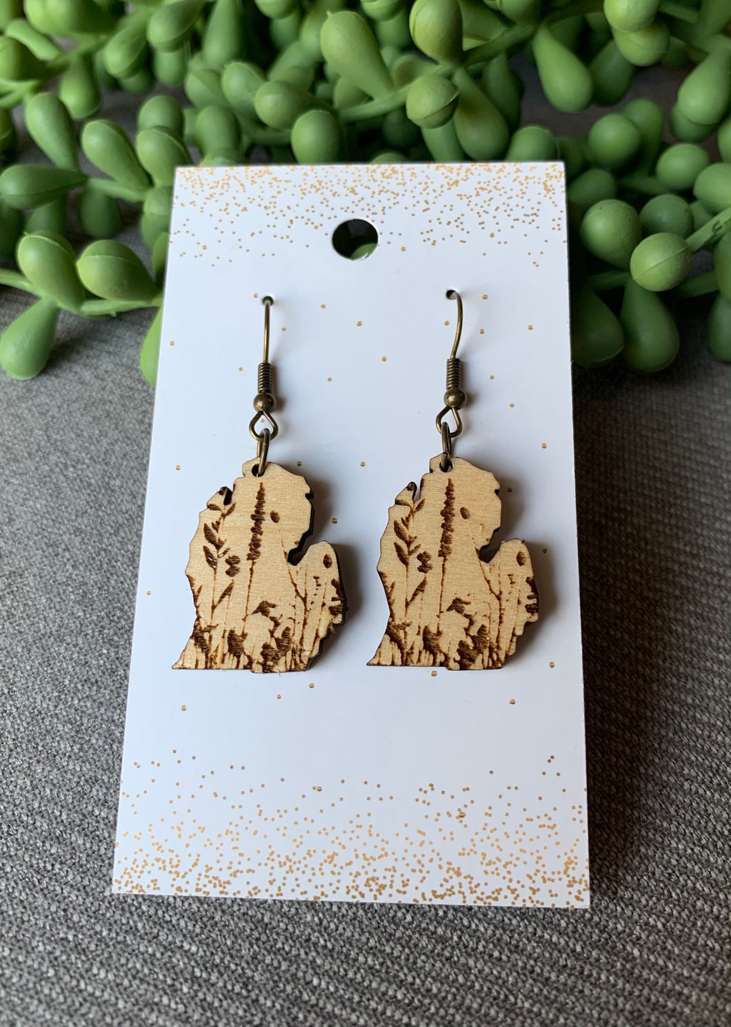 Wood Dangle 1 inch Engraved Dainty Flower Michigan Earrings