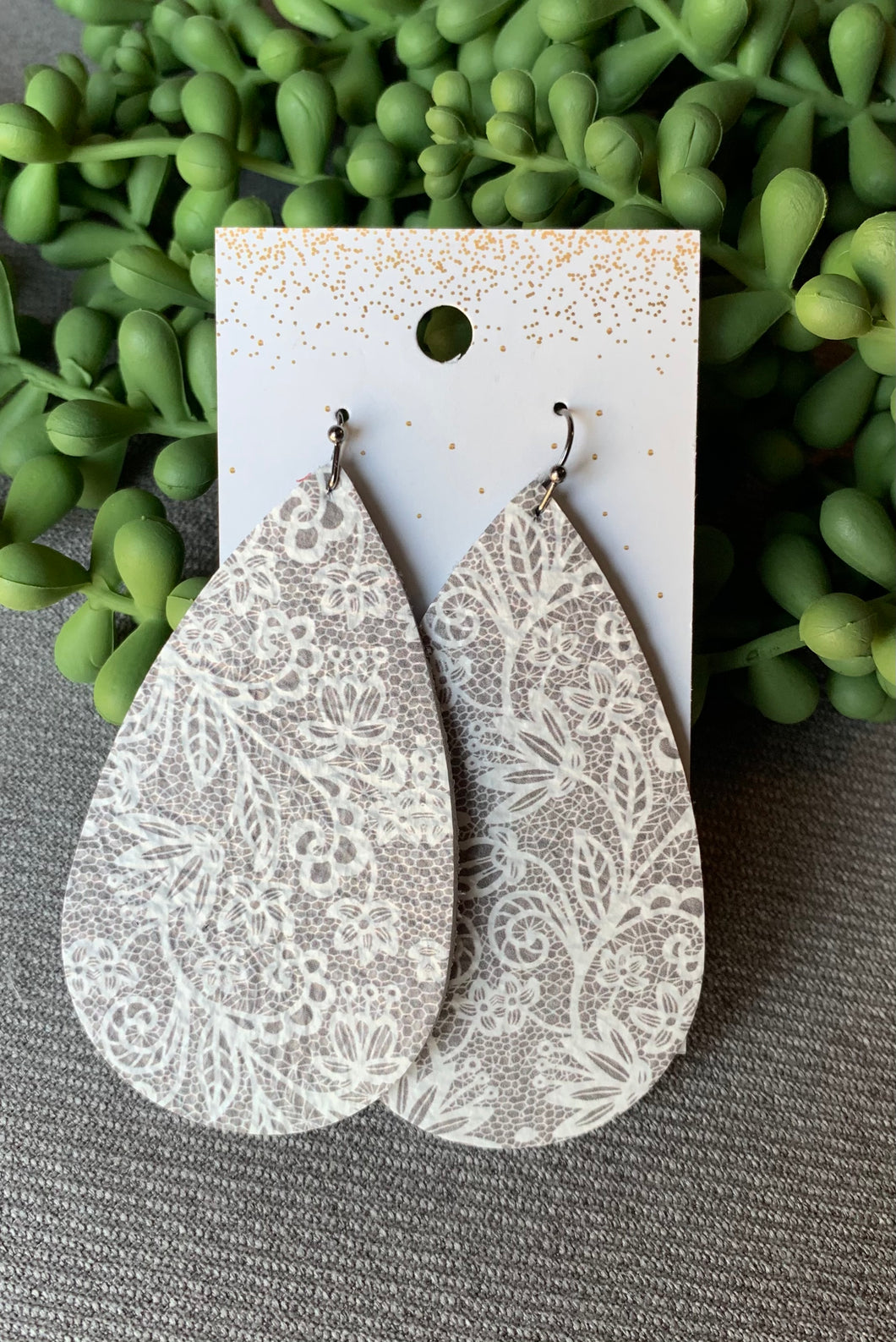 Beth Grey and White Lace Leather Earring