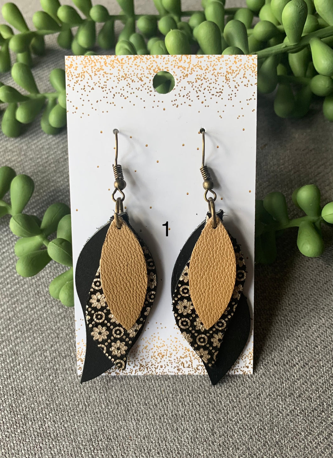 Hillary Black with Gold Flowers Leather Earring